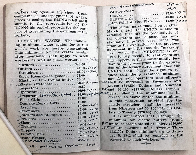 2-page spread listing wages for various jobs