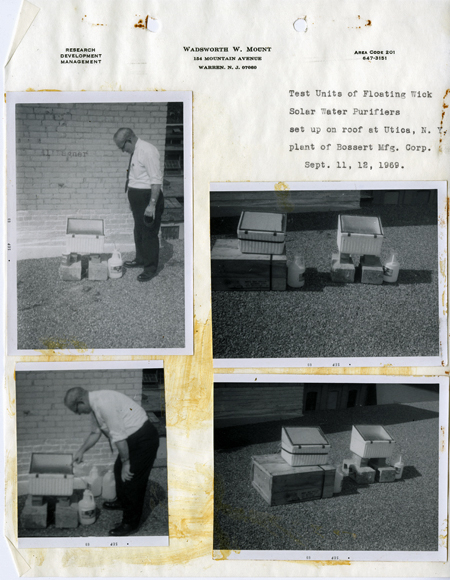 Notebook page wth 4 black-and-white photos glued onto it showing Wadsworth Mount and test units, 1969. Page is titled Test Units of Floating Wick