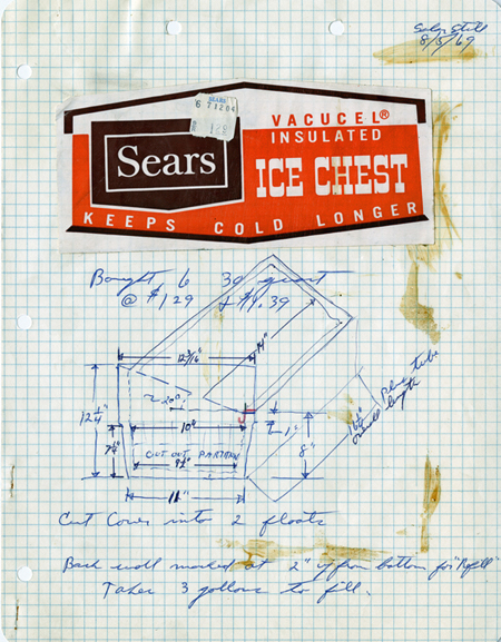 Mount's sketch of water distiller unit, 1969, with label for Sears ice chest pasted onto page