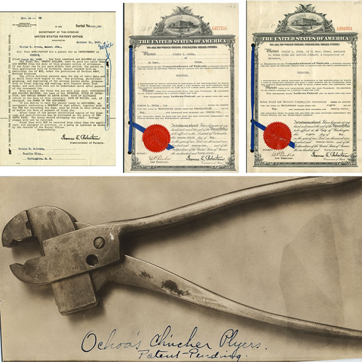 Composite image of patent application, 2 ribbon patents, and a photo of pliers