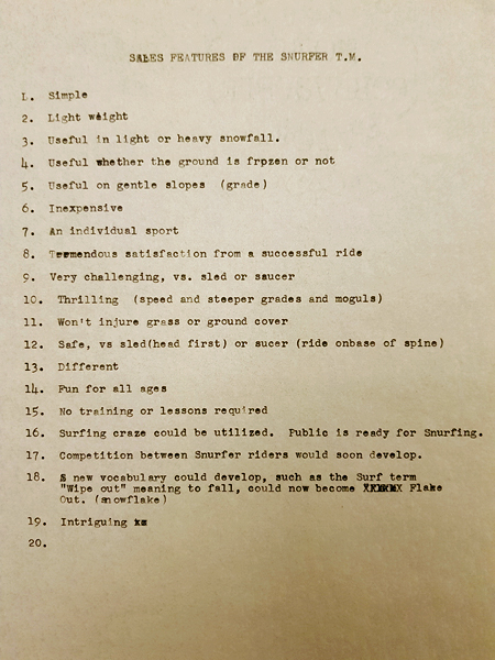 Typewritten list of sales features of the Snurfer. Highlights things like simple, inexpensive, and fun for all ages.