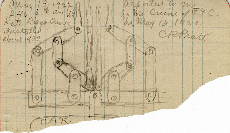 Rough pencil sketch for an articulated elevator equalizer, by Charles R. Pratt. Handwriting on sketch reads, May 18, 1922. 240 5th Ave, N.Y. Rate Rigs Owner. Installed about 1902. Reported by me to Mr. Cruise of F & C on May 18, 1922. C R Pratt.