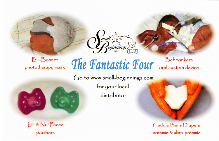 Advertising card depicting four products for preemies developed by Sharon Rogone and her company, Small Beginnings, Inc. Clockwise from upper left: Bili-Bonnet phototherapy mask, Bebeonkers oral suction device, Lil’ and Nu’ Pacee pacifiers, and Cuddle Buns Diapers preemie and ultra-preemie. The mask and suction device are pictured in use on babies, the pacifiers stand on their own, and a woman’s hands hold a diaper.