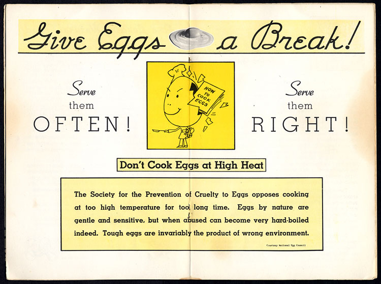 Two-page spread from an informational booklet on eggs, with directions for cooking and headline, “Give Eggs a Break!”