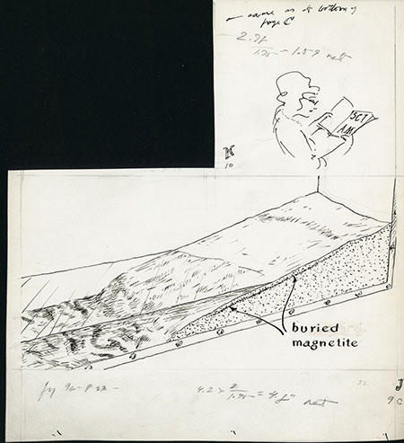 Sketches of a woman reading and of a cross section of a shore