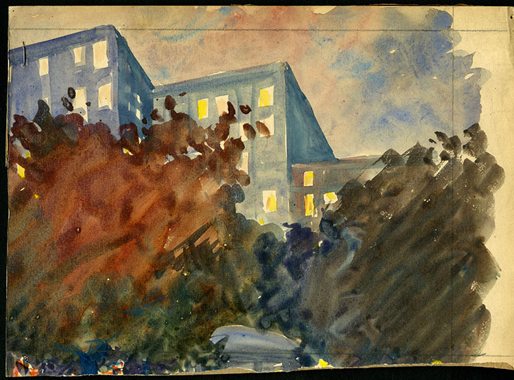 Abstract painting of 3 buildings with trees in front