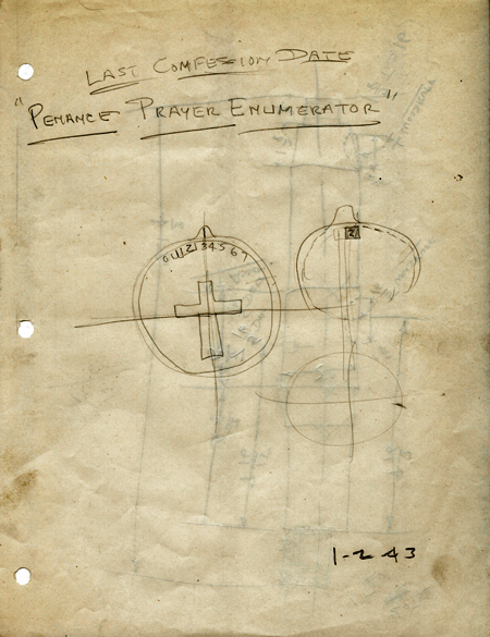 Sketches of front and back of a round penance prayer enumerator to keep track of confession dates. Front of device bears a cross; at top is a rotary dial that shows a number in a small window on the back of the device. Sketch is dated January 2, 1943.