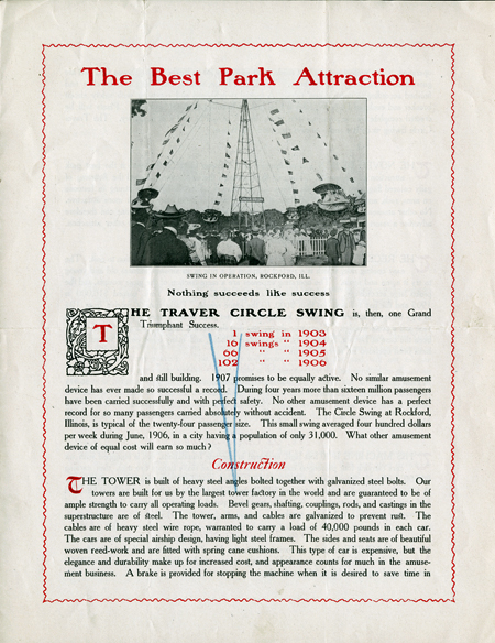 Print ad for the Traver Circle Swing, “The Best Park Attraction,” includes a photo of the swing tower in operation in Rockford, Illinois.