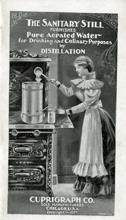 Sanitary Still brochure, about 1900, showing young woman adding water to the stovetop still and drawing clean water from the spigot at the bottom of the still