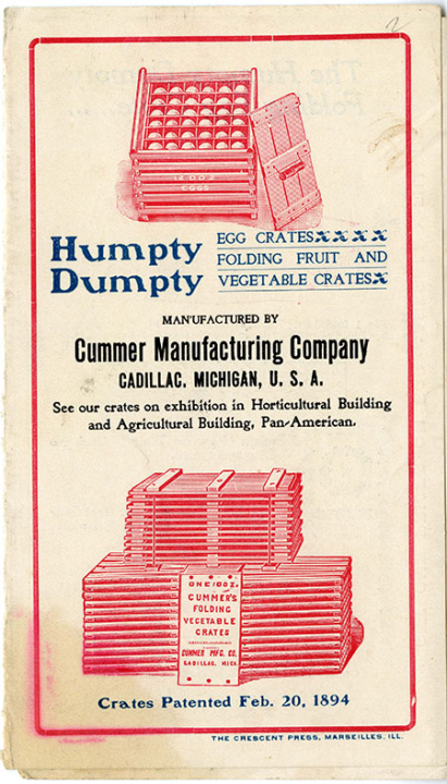 Cover of a brochure showing different types of egg crates, about 1900