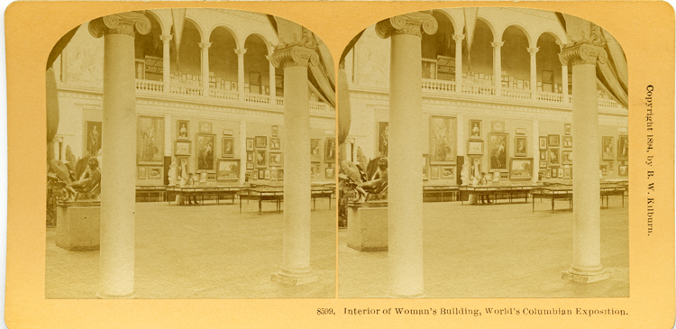 A stereograph card with mounted double photos of the interior of the Woman’s Building at the1893 World’s Columbian Exposition. Each photo shows part of the first floor of the building, with walls covered in paintings, several flat glass display case on the floor, sculpture, plants, and ionic columns. The second story mezzanine with open balcony is also visible. The side-by-side photos are meant to be viewed through a steroscope to evoke a 3-D view.