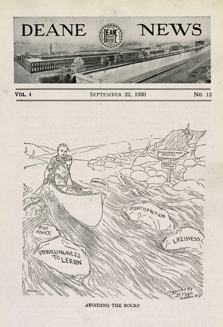 Deane News front page, 22 September 1920, with a drawing of a man rowing a canoe through the “Discouragement Rapids” with rocks labeled indifference, bad advice, unwillingness to learn, dissatisfaction, and laziness.