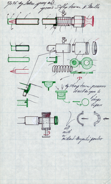 Annotated pen-and-ink drawing on graph paper of components