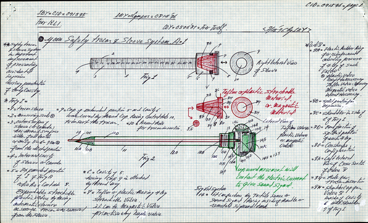 Annotated pen-and-ink drawing on graph paper of a tubular object and a long needle