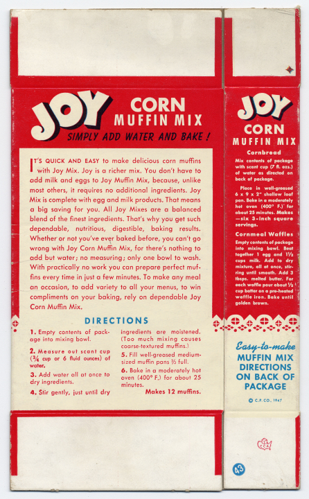 Back of Joy brand corn muffin mix box