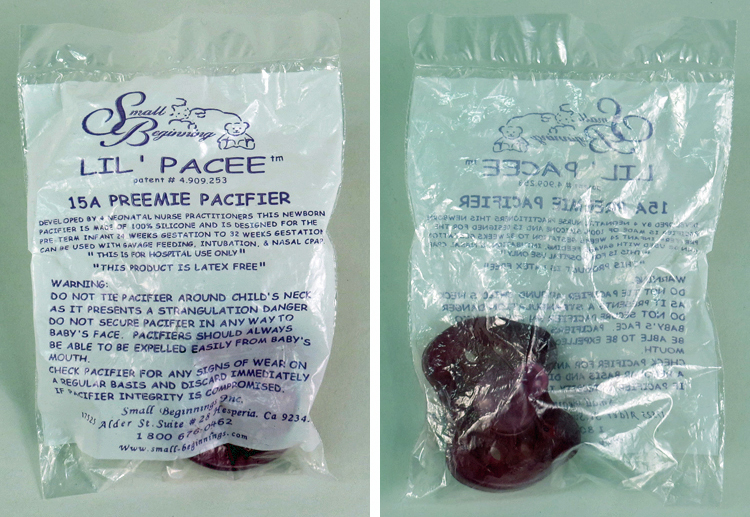 Side-by-side photos of the “Lil' Pacee”15A pacifier for premature infants, in its original packaging. The text on the package image on the right reads, in part, “Patent #4,909,253 . . . Developed by 4 neonatal nurse practitioners, this newborn pacifier is made of 100% silicone and is designed for the pre-term infant 24 weeks gestation to 32 weeks gestation.” The pacifier is visible through the packaging in the second image.