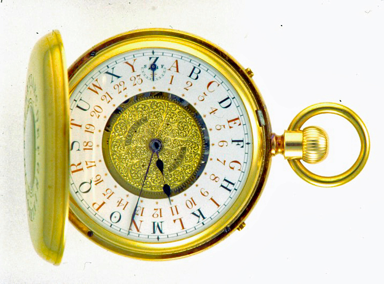 Gold pocket watch with an elaborate face, with letters A to Z and numbers 1 to 24