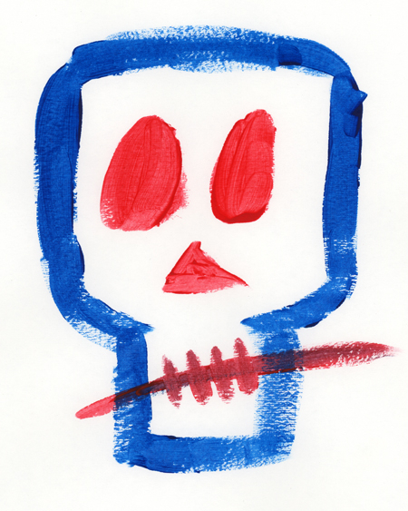 A watercolor painting on white Bristol board, drawn by Cindy Whitehead while designing her &quot;Girl Is Not a 4 Letter Word&quot; skateboard. The painting depicts a royal blue stylized outline of a skull, with red oval eyes, a red triangular nose, and diagonal short red lines for teeth, with a horizontal red line crossing the teeth.