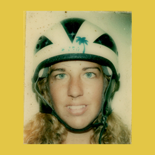 Head shot of Cindy Whitehead, wearing a skate helmet, from her identification card for Marina Del Rey Skatepark