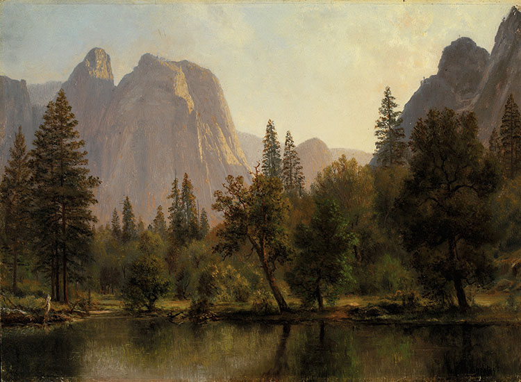 Painting of a lake’s edge surrounded by fir trees with towering peaks in the background