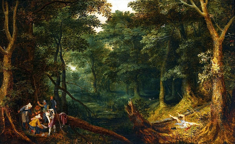 A painting a dark forest with a group of people finding a robbed and assaulted man.