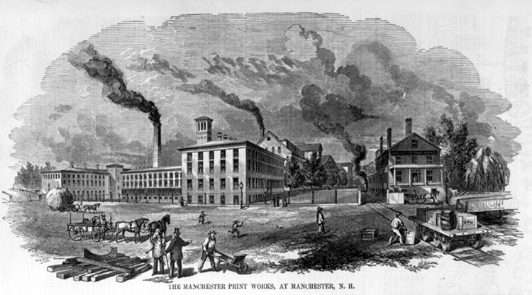 Lithograph of a large factory with smoke coming out of several smokestacks