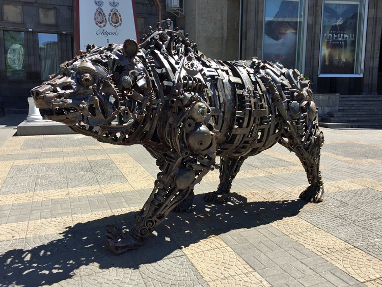 Bear sculpture in Yerevan, Armenia, made of recycled metal parts, by Ara Alekyan