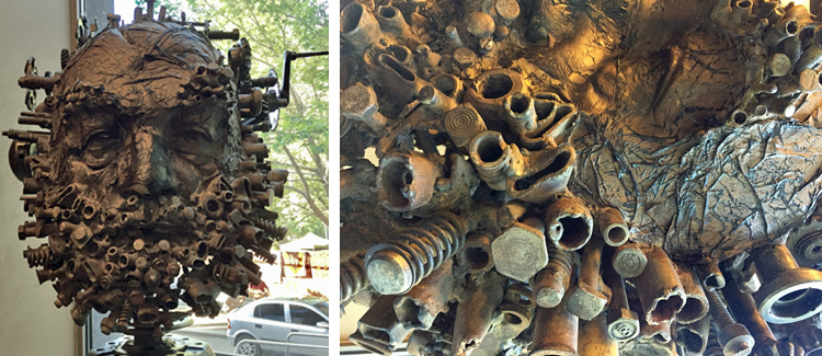 Compound image of Alekyan sculpture of the head of a man on the left, with a detail highlighting the nuts, bolts, washers, and more that comprise his hair and beard