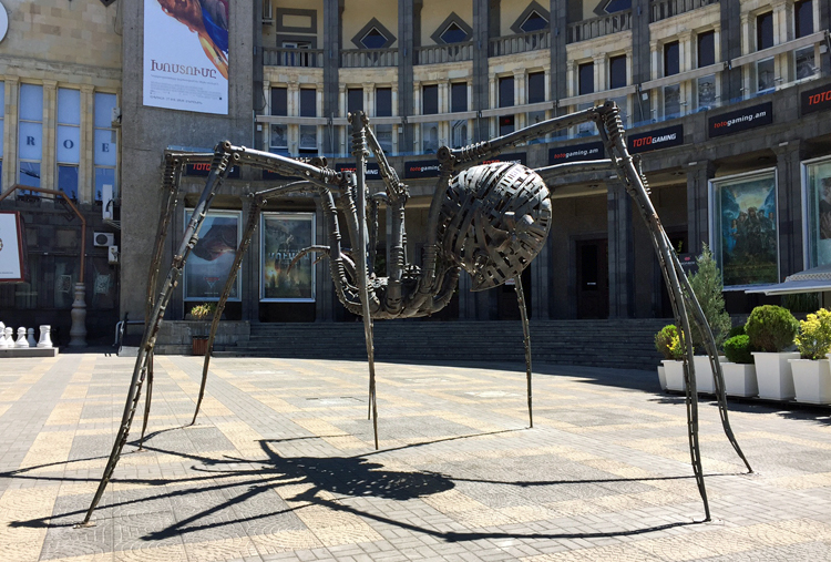 Giant spider sculpture by Ara Alekyan, installed outside Moscow Cinema in Yerevan, Armenia