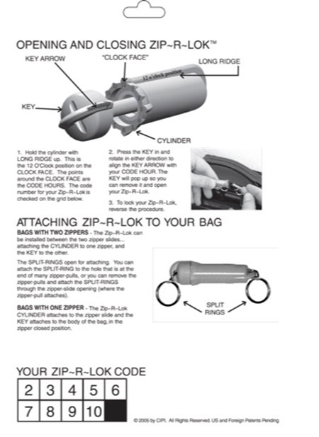 Diagram showing how to operate the Zip-R-Lok by rotating the cylinder to the key position