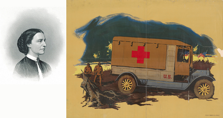 Composite image of a portrait of Clara Barton and a poster of a World War I ambulance