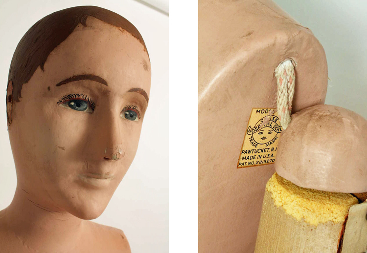 Close-ups of head and armpit of mannequin, showing manufacturer’s label