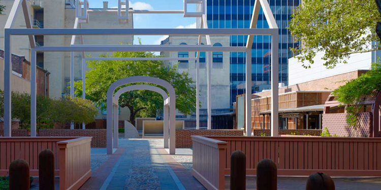 White steel frame at site of Benjamin Franklin's Philadelphia home in Franklin Court