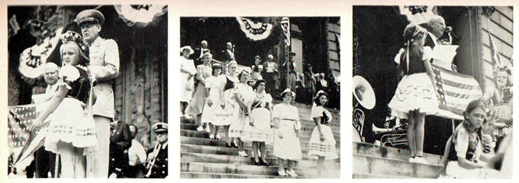 3 photos in a row from Charles Eisler ambulance donation ceremony, Newark, New Jersey, 1943. Left: A young girl in traditional Hungarian dress. Center: Women&amp;nbsp;in traditional Hungarian dress on the steps of City Hall. Right: Eisler presenting the donation 