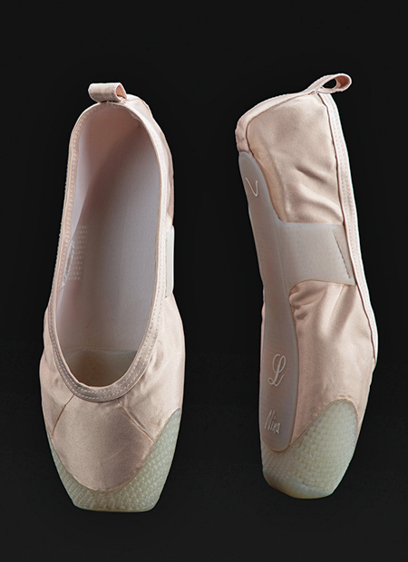 A pair of 3D-printed pointe shoes.