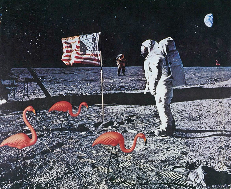 Artwork showing flamingos grazing on the moon while an astronaut looks at the American flag