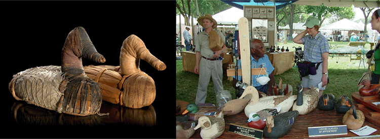 At left, duck decoys made of tule rush, feathers, cordage, paint, ca. 400 BC–AD 100. At right, 2004 Smithsonian Folklife Festival Mid-Atlantic Maritime Communities Water Ways duck decoys.