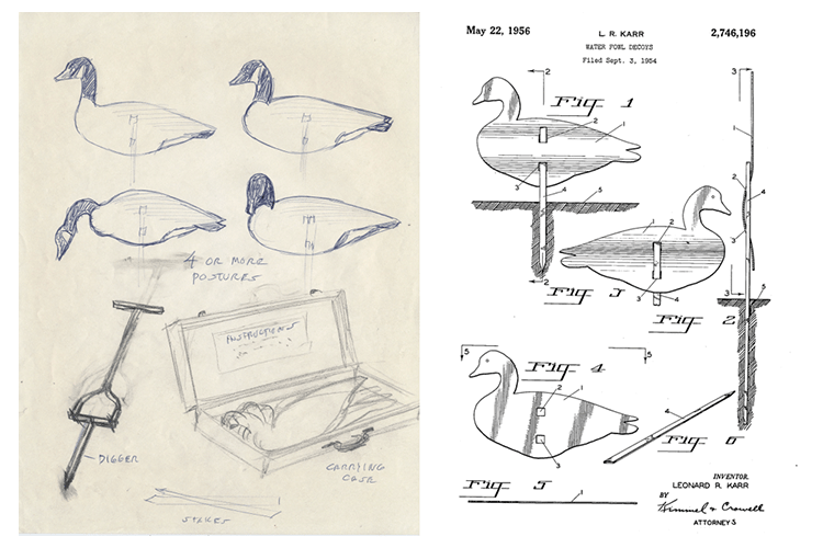 At left, an undated sketch by Leonard Karr of goose decoys and carrying case. At right, Karr’s US patent for “Water Fowl Decoys,” 1956