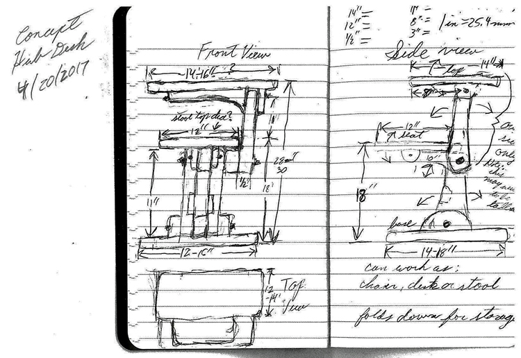 Hand-drawn sketch of an early concept for the desk