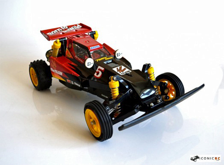 Tamiya Falcon RC car, shown in three-quarters profile view from the front