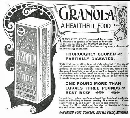 Line drawing advertisement for granola, 1893, boasting that granola is a healthful food, thoroughly cooked and partially digested!