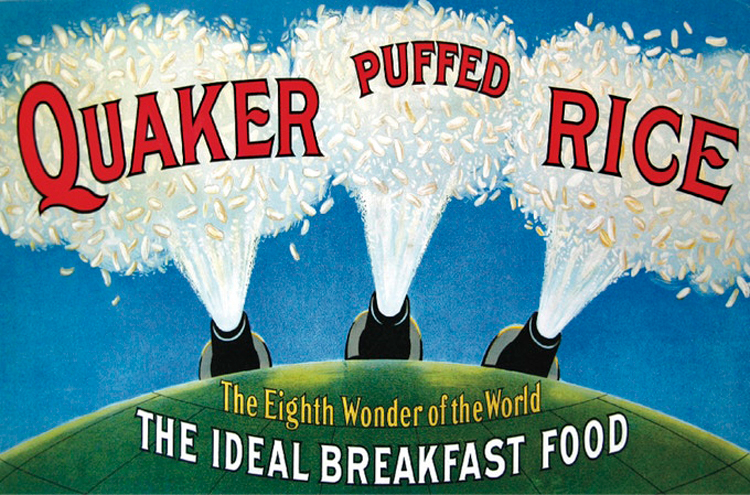 An undated color drawing advertisement showing 3 cannons shooting out puffed rice and captioned, “Quaker Puffed Rice. The Eighth Wonder of the World. The Ideal Breakfast Food.”