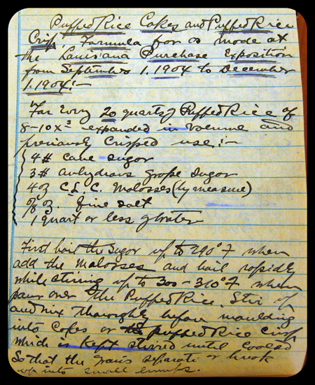 A handwritten recipe for puffed rice cakes and crisps, by Alexander Anderson, 1904