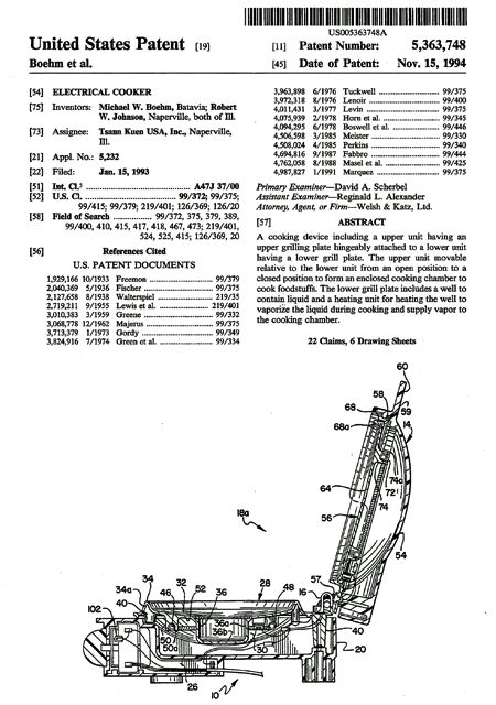 First page of US Patent 5,363,748 for an electrical cooker, 1994, listing abstract, inventors Michael Boehm and Robert Johnson, assignee Tsann Kuen, classifications, references, and annotated figure of grill with lid open