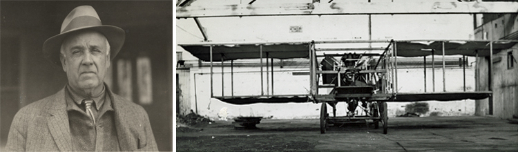 Combined image with headshot of Victor Ochoa, wearing a hat, taken outdoors, on the right and a front view of the plane invented by Victor Ochoa on the left