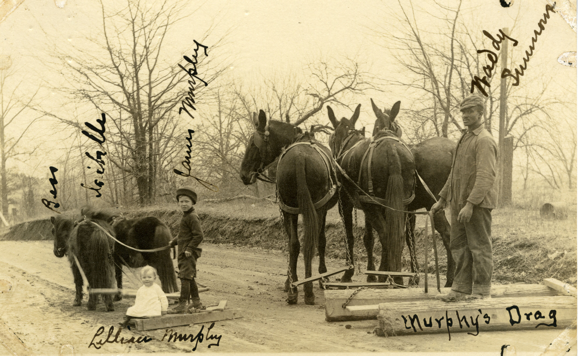 Photograph, James and Lillian Murphy and Waddy Summer, using a drag, Martin, Tennessee, undated. (AC1332-0000003).