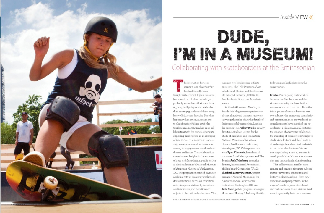 Opening spread of Dude I'm In A Museum article about Innoskate in Museum magazine