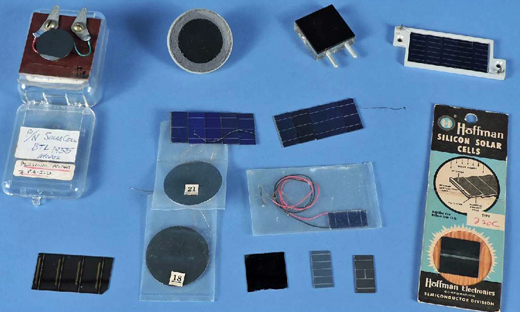 An assortment of silicon solar cells, 1960–1985