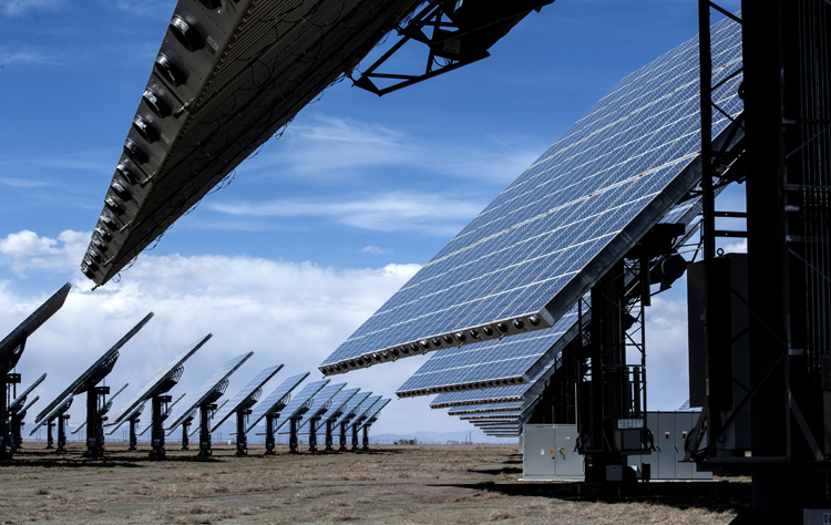 Photovoltaic panels installed at the Alamosa Solar Generating Project, Colorado, 2014