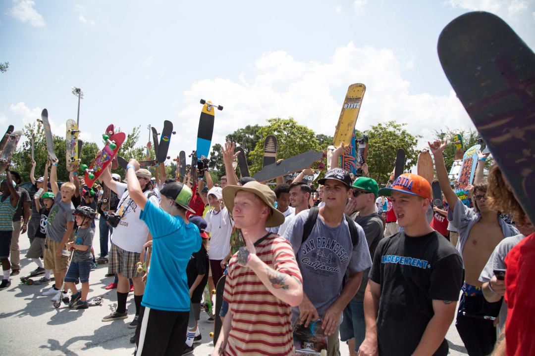 The crowd cheers on the best skateboarding trick winner at Innoskate in FL